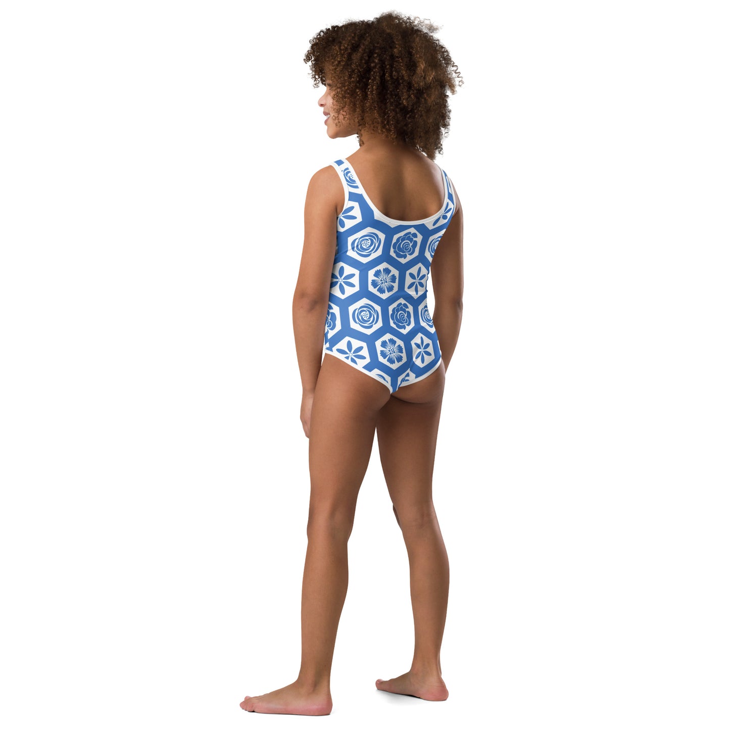 Blue Geometric and Floral Kids Swimsuit 2T-7