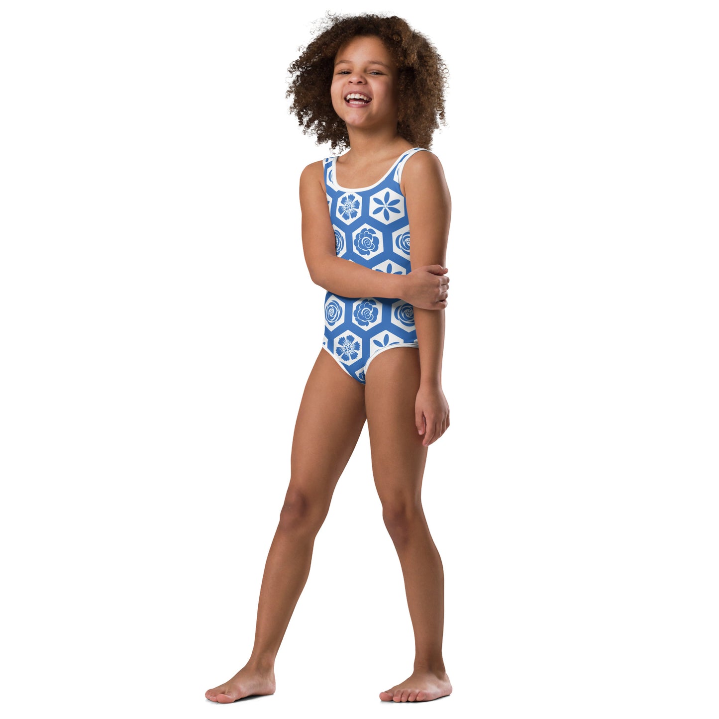 Blue Geometric and Floral Kids Swimsuit 2T-7