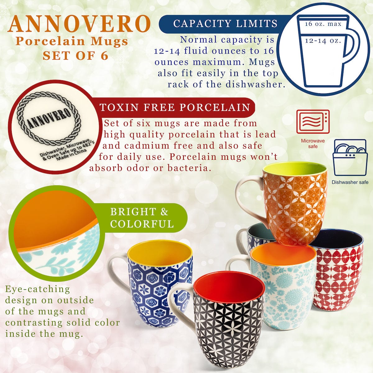 Annovero Coffee Mugs, Set of 6 Modern Colorful Cute Porcelain Mugs/Cups  with Large Handle, for Women…See more Annovero Coffee Mugs, Set of 6 Modern