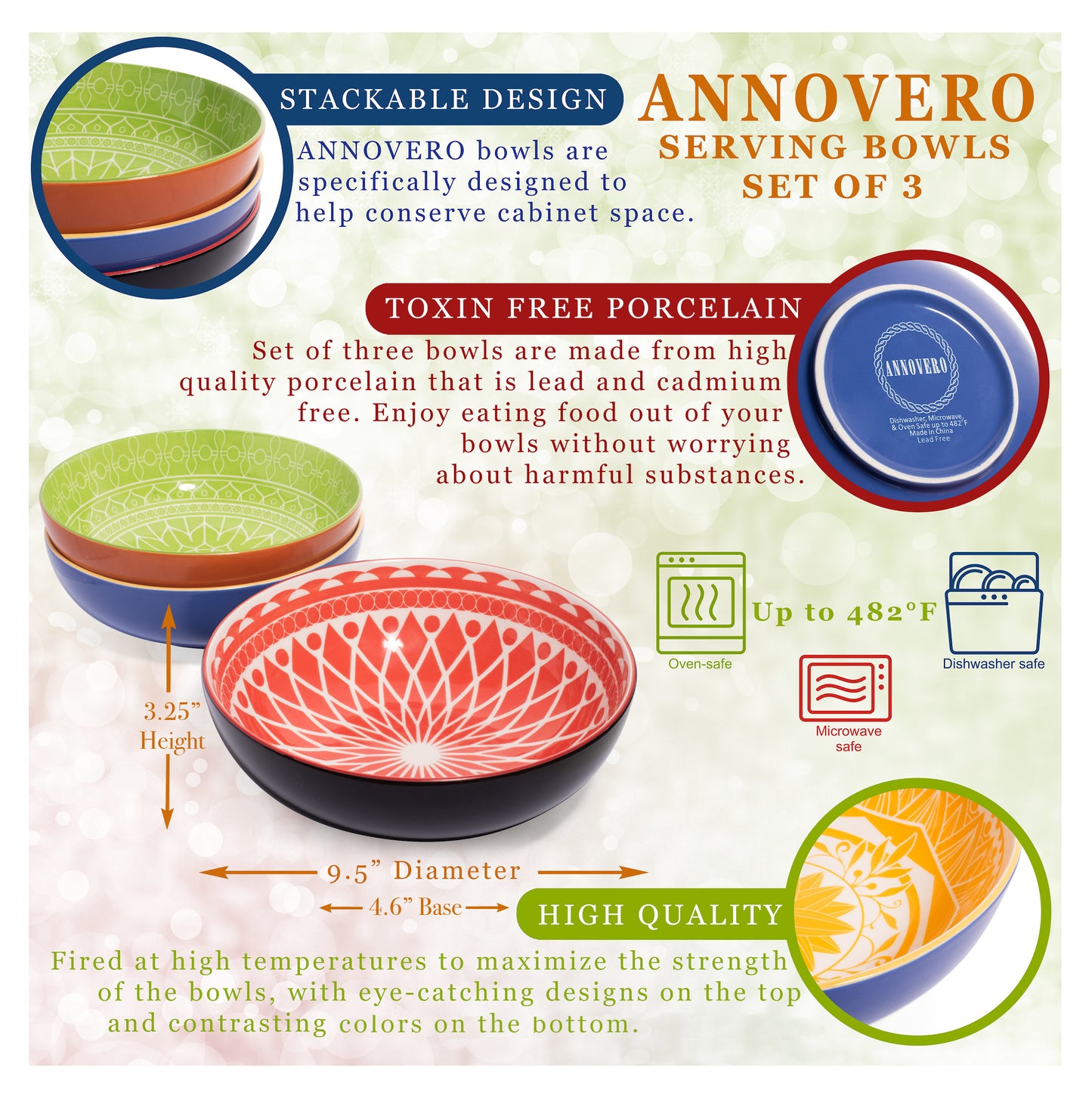 annovero serving bowls, set of 3 porcelain bowls, 9.5 inch diameter, 72 fluid ounce (9 cup) capacity